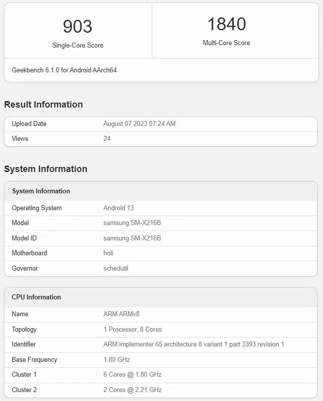 Galaxy Tab A9 Plus Geekbench Score